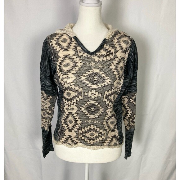 Almost Famous Boho Aztec Print Sz *Medium* Shirt Hooded Lace Semi-Sheer Western - Picture 1 of 8